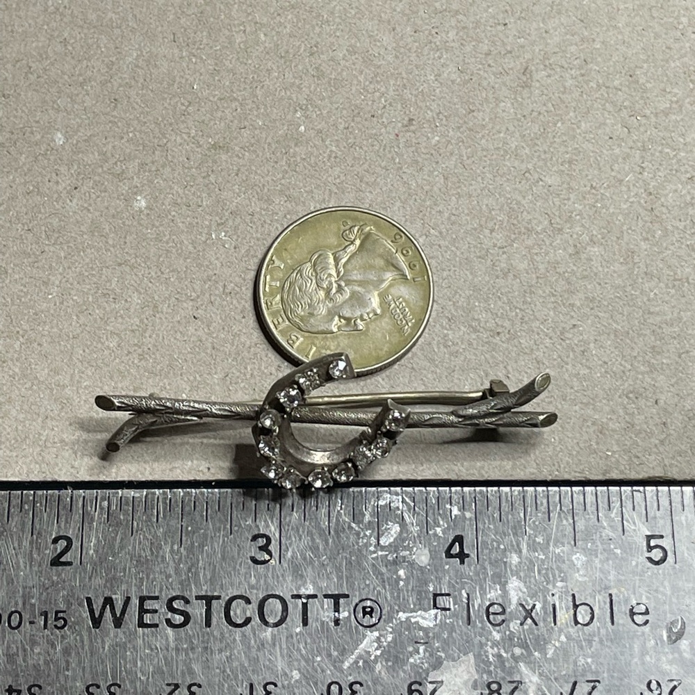 Silver Branch Lucky Horseshoe Antique Brooch White Rhinestones 800 Silver - Picture 10 of 12